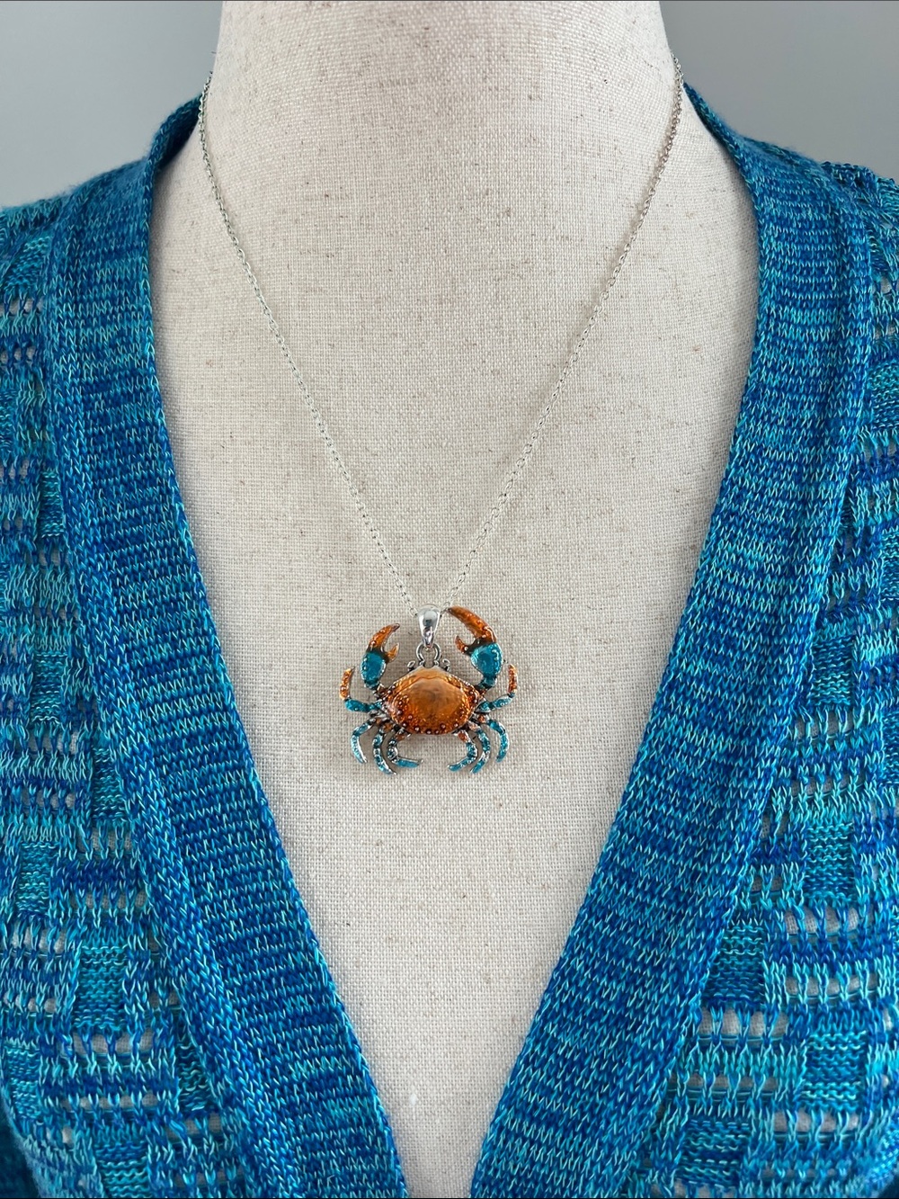 Silver Toned Crab Pendant 9” to 11” Necklace Jewelry Blue & Orange Enamel